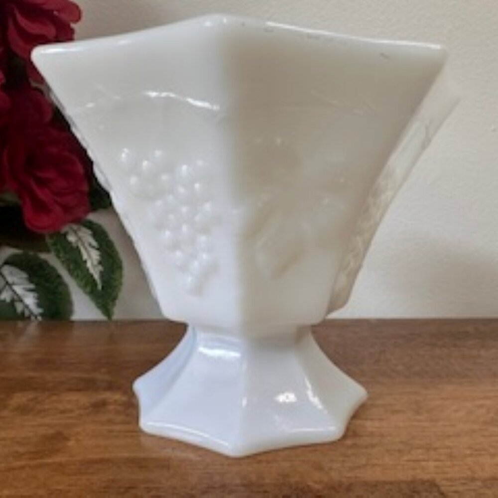 Vintage Milk Glass Octagonal Pedestal Bowl Grape Vine Embossed Fruit Design West